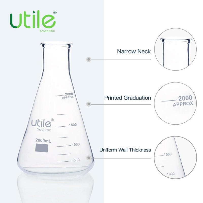UTILE Glass Erlenmeyer Flask Set, 2000ml Narrow Mouth Erlenmeyer Flasks, Borosilicate 3.3 Glass Conical Flasks for Laboratory with Printed Graduation, 4016.2000.1 - Image 3